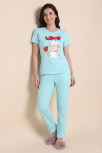 Zivame Farm Lore Knit Cotton Pyjama Set - Tanger Turquoise — thumbnail 1